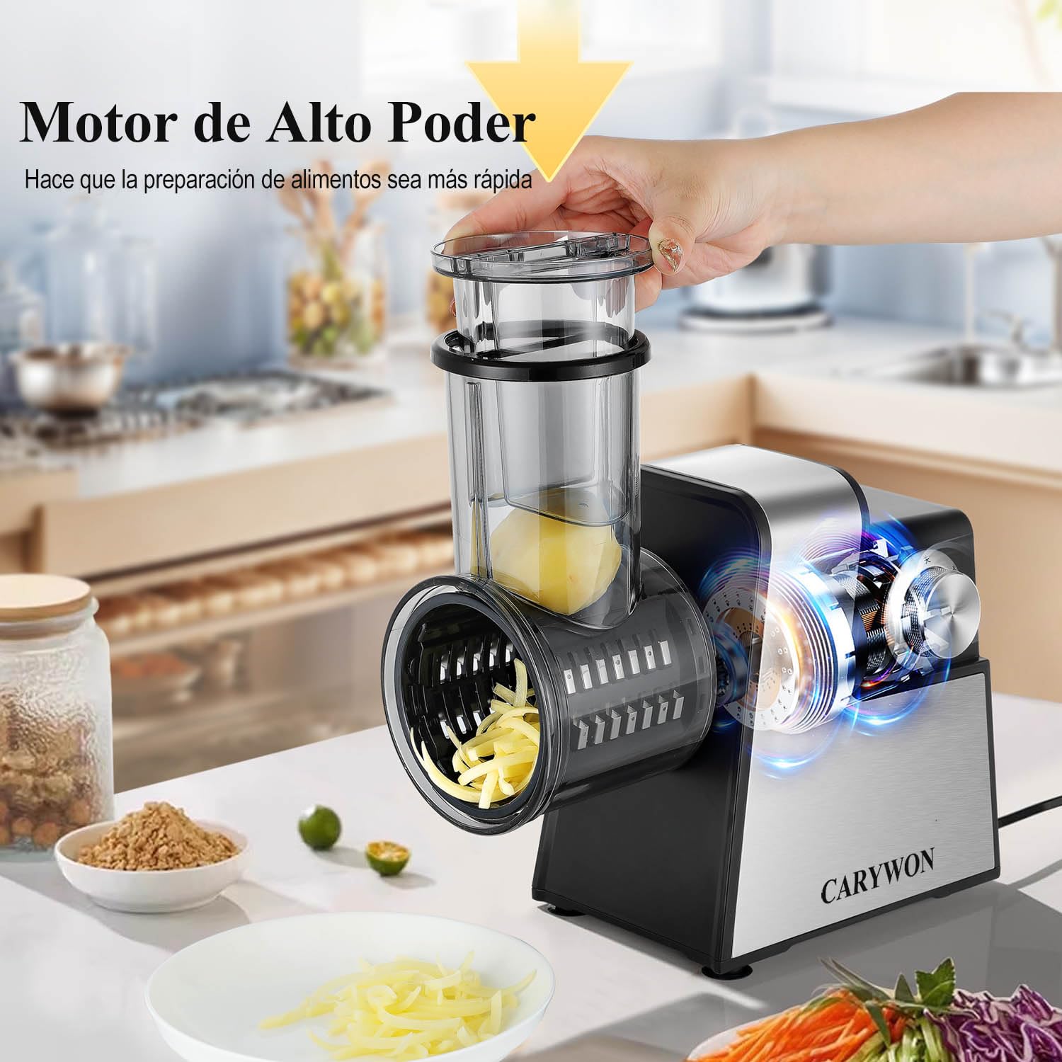 Rallador de Verduras Eléctrico 5 en 1, Rallador de Queso y Rebanador de Papas Automático con 5 Cuchillas de Acero Inoxidable, Cortador de Verduras Multifuncional para Queso, Frutas, Verduras 4 Rallador de Verduras Eléctrico 5 en 1, Rallador de Queso y Rebanador de Papas Automático con 5 Cuchillas de Acero Inoxidable,