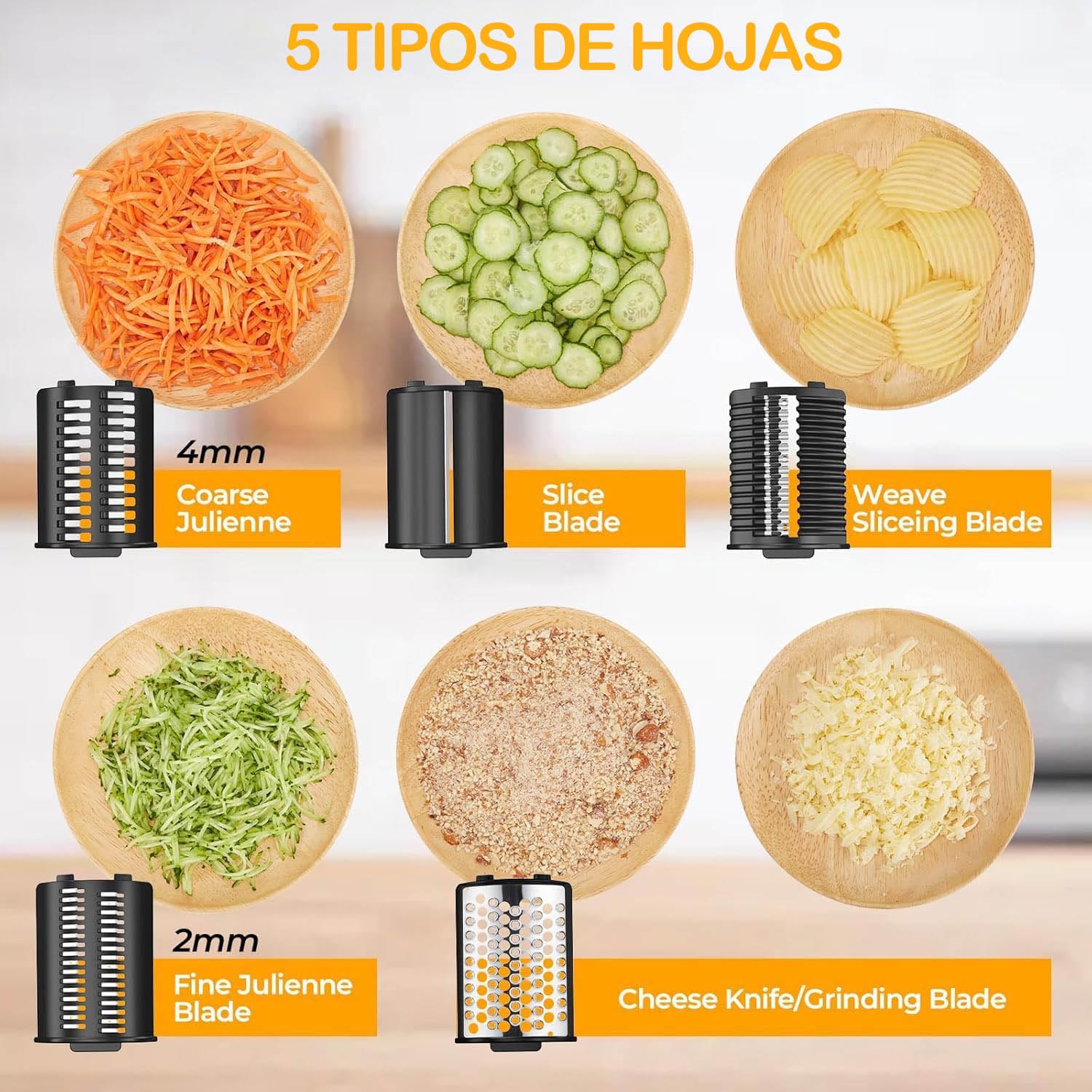 Rallador de Verduras Eléctrico 5 en 1, Rallador de Queso y Rebanador de Papas Automático con 5 Cuchillas de Acero Inoxidable, Cortador de Verduras Multifuncional para Queso, Frutas, Verduras 7 Rallador de Verduras Eléctrico 5 en 1, Rallador de Queso y Rebanador de Papas Automático con 5 Cuchillas de Acero Inoxidable,
