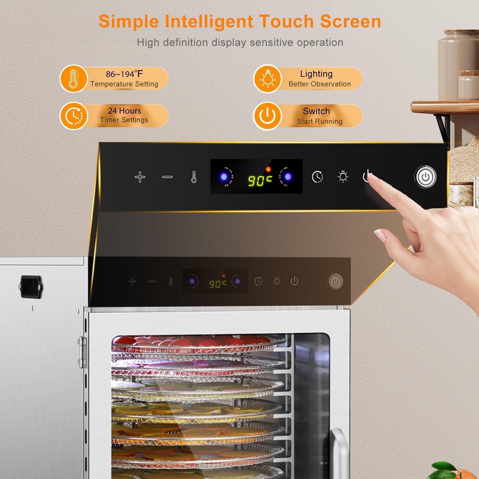 Máquina deshidratadora de alimentos comercial, Deshidratador de alimentos 20 bandejas, rotación automática de 360 °, adecuado para alimentos, cecas, alimentos para mascotas, hierbas, verduras, frutas 6 Máquina deshidratadora de alimentos comercial, Deshidratador de alimentos 20 bandejas, rotación automática de 360 °, adecuado