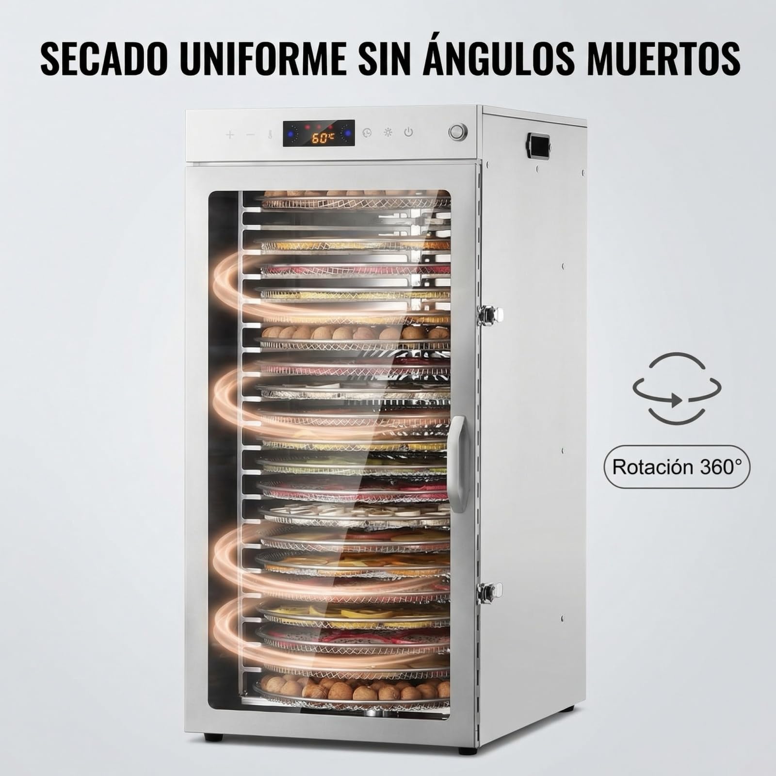 Máquina deshidratadora de alimentos comercial, Deshidratador de alimentos 20 bandejas, rotación automática de 360 °, adecuado para alimentos, cecas, alimentos para mascotas, hierbas, verduras, frutas 3 Máquina deshidratadora de alimentos comercial, Deshidratador de alimentos 20 bandejas, rotación automática de 360 °, adecuado
