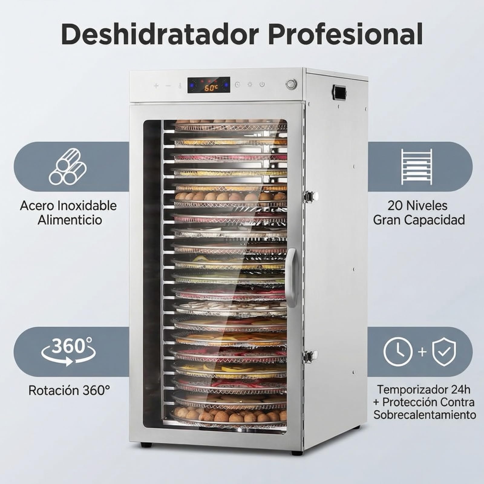 Máquina deshidratadora de alimentos comercial, Deshidratador de alimentos 20 bandejas, rotación automática de 360 °, adecuado para alimentos, cecas, alimentos para mascotas, hierbas, verduras, frutas 4 Máquina deshidratadora de alimentos comercial, Deshidratador de alimentos 20 bandejas, rotación automática de 360 °, adecuado